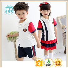 Chine en gros Garçons et filles Customized coton Summer school design uniforme avec des images manches courtes T-shirts jupe pantalon